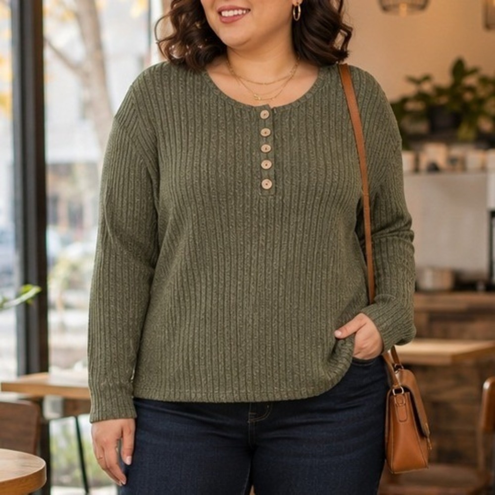 Ribbed Henley Sweater Olive Green Women's 2XL DB Moon Casual Soft Stretch Knit